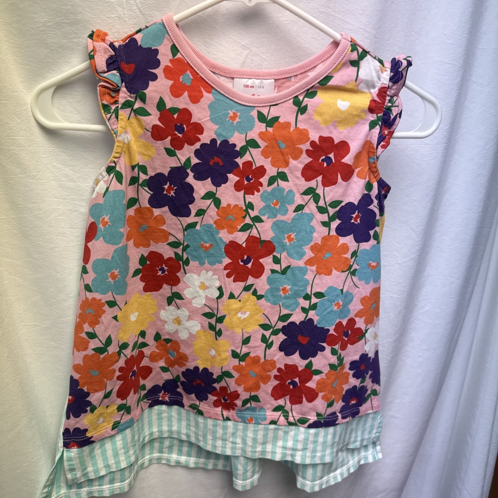 Hanna Anderson Tank Top Hi Low Floral Stripes 130cm/Sz 8